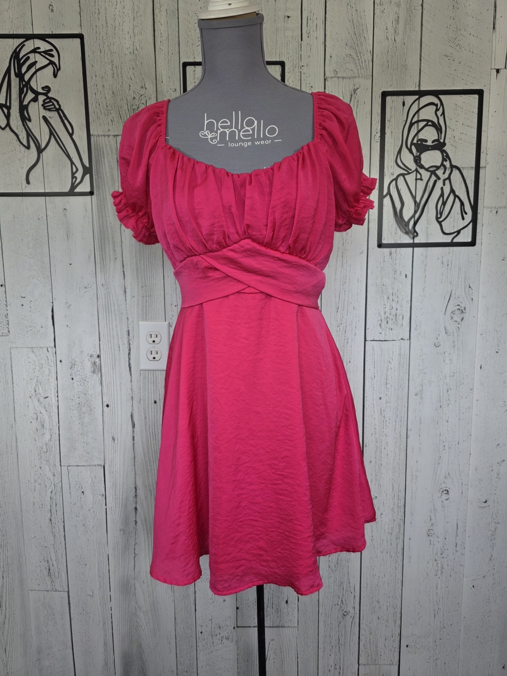 Streetwear Society Hot Pink Satin Puff Sleeve Mini Dress Size Large